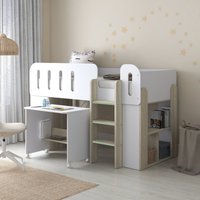 Amelia - Single – Mid Sleeper with Storage and Pull-Out Desk – White/Pale Wood - Particleboard - 3ft